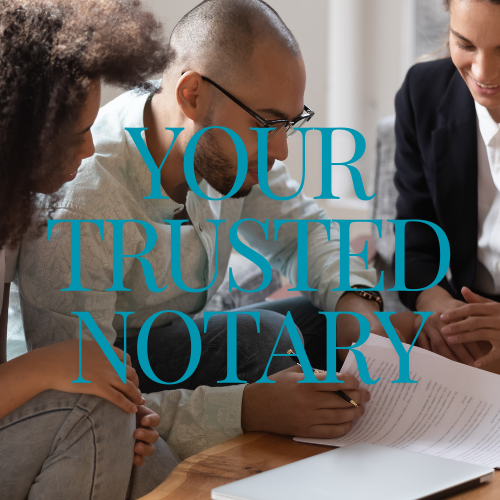 A diverse group of people consulting a notary, emphasizing 'Your Trusted Notary' services for reliable document notarization.