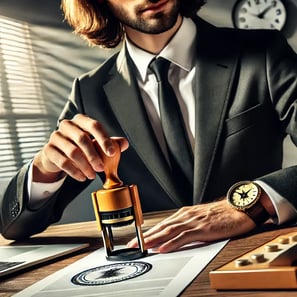 A professional notary public stamping a document at a desk, with a formal office background, certifying the document's validity.