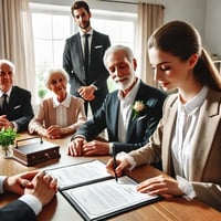 A notary public witnessing the signing of documents with people seated at a table in a formal setting, ensuring legal procedures.