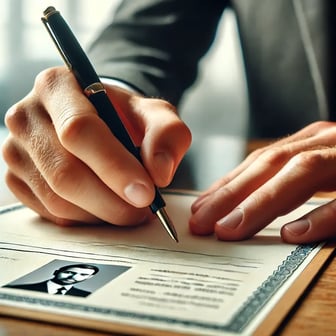 A satisfied customer shaking hands with a notary public in an office, symbolizing successful notarial services.