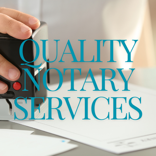 A close-up of a notary's hand stamping a document, with the text 'Quality Notary Services' emphasizing professional and trustworthy notarial services.