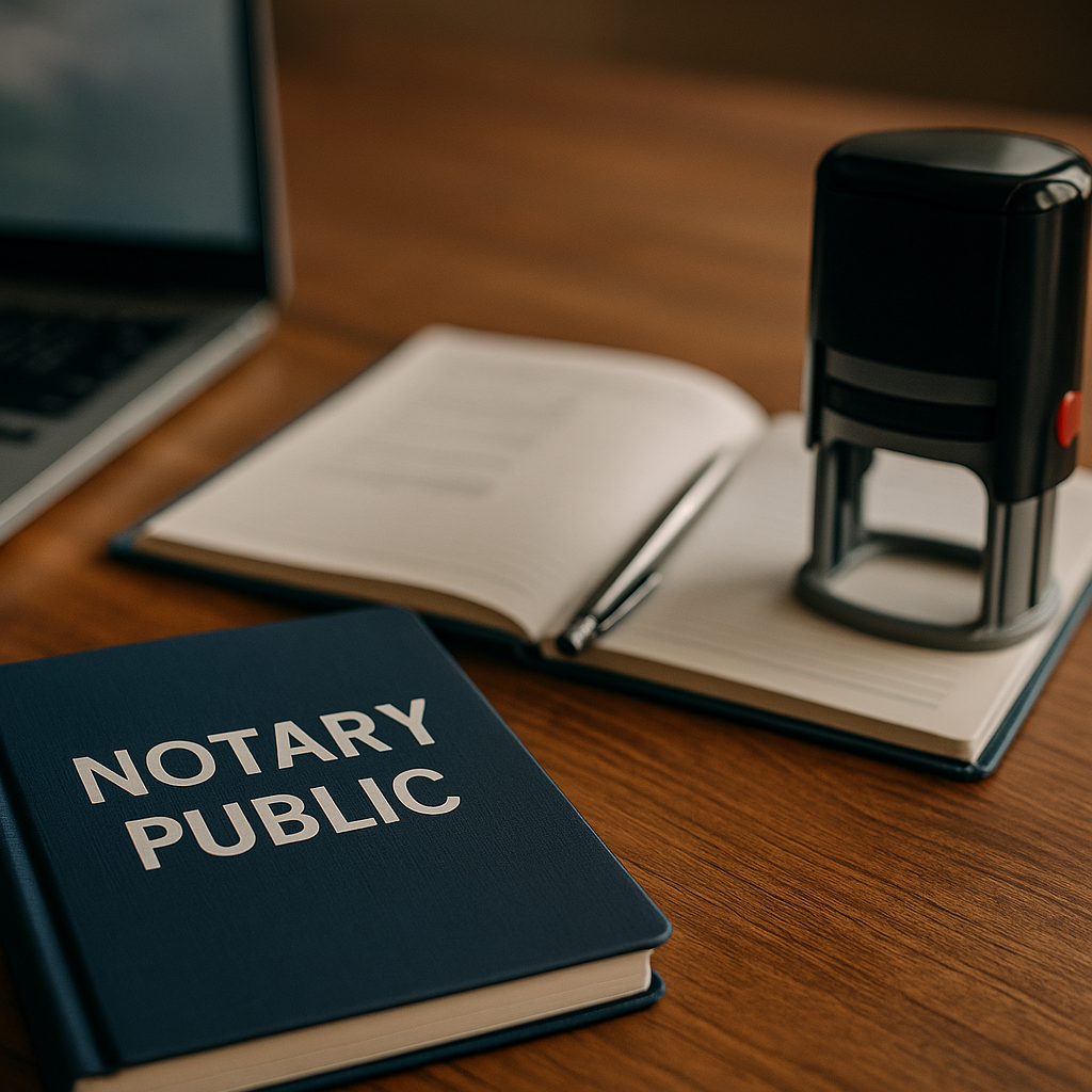 photo of a notary public workspace showing a blue notary journal, a self-inking stamp, a silver pen, and an open notebook on a wooden desk.